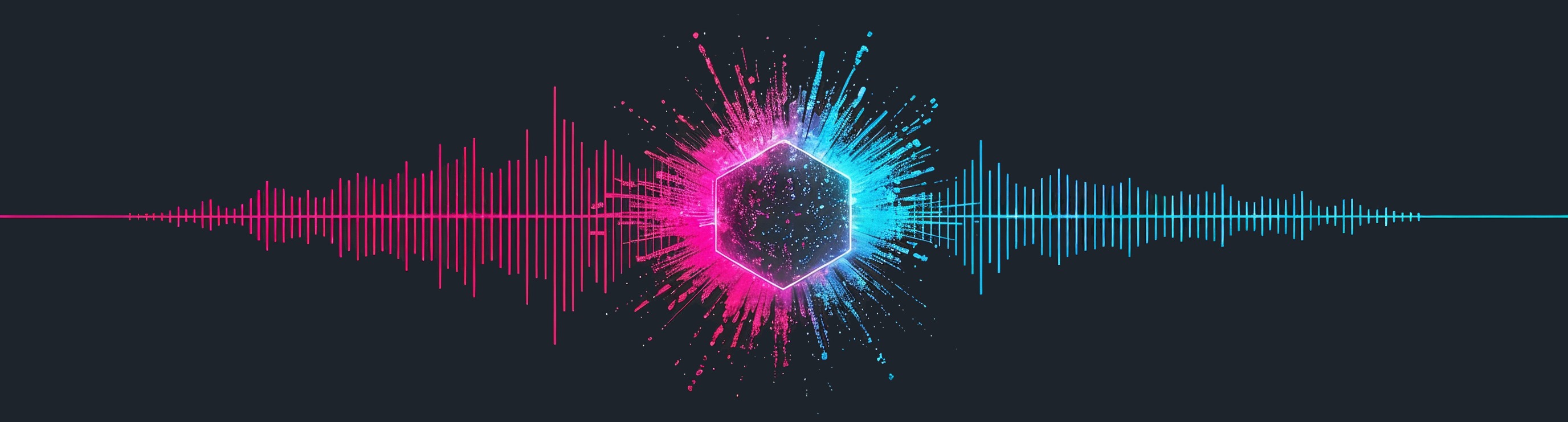Abstract audio waveforms in pink and cyan radiating from a glowing hexagon — a visual representation of voice and sound